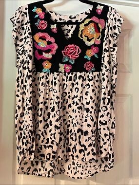 Embroidered Floral Yoke Black & White Animal Print Tunic
